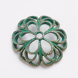 Honeyhandy Tibetan Style Alloy Fancy Bead Caps, 6-Petal, Flower, Antique Bronze & Green Patina, 24x6mm, Hole: 2mm