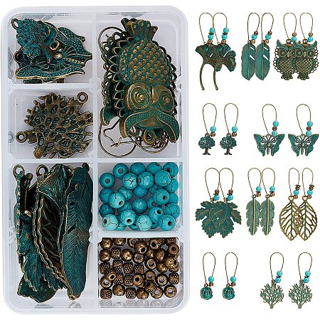SUNNYCLUE 1 Box DIY 10 Pairs Green Patina Vintage Hollow Bohemian Dangle Earrings Making Kit Turquoise Drop Earrings Set Bronze Tree Leaf Feather Owl Charms for Jewelry Making Craft Instruction
