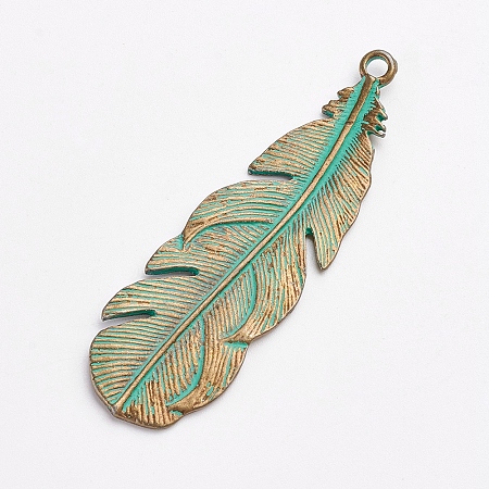 Honeyhandy Tibetan Style Alloy Pendants, Feather, Antique Bronze & Green Patina, 57x18x1.5mm, Hole: 2.5mm