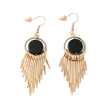 Honeyhandy Resin Flat Round with Tassel Dangle Earrings, Light Gold Alloy Long Drop Earrings for Women, Black, 78mm, Pin: 0.8mm