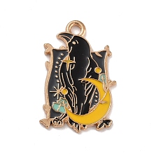 Honeyhandy Alloy Enamel Pendants, Crow with Moon, Light Gold, 26x18x1mm, Hole: 2mm