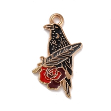 Honeyhandy Alloy Enamel Pendants, Crow with Rose, Light Gold, 27x17x1mm, Hole: 2mm