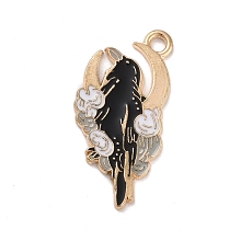 Honeyhandy Alloy Enamel Pendants, Crow with Moon, Light Gold, 28x15x1mm, Hole: 2mm