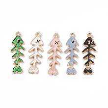 Alloy Enamel Pendants, Fishbone Charm, Light Gold, Mixed Color, 34x11x1.5mm, Hole: 1.6mm