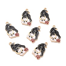 Honeyhandy Alloy Enamel Pendants, Gothic Theme, Crow with Rose Flower & Skull, Black, 27x16x1.5mm, Hole: 2mm