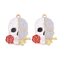 Honeyhandy Halloween Alloy Enamel Pendants, Light Gold, Skull with Rose, White, 30x22x1mm, Hole: 2mm