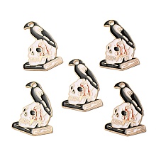 Honeyhandy Halloween Alloy Pendants, with Enamel, Light Gold, Skull with Crow Charm, Black, 30x22x1mm, Hole: 2mm