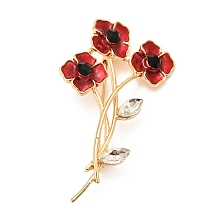 Honeyhandy Alloy Brooches, with Rhinestone and Enamel, Remembrance Poppy Flower Badge, Light Gold, 64x38x12mm, Pin: 0.6mm