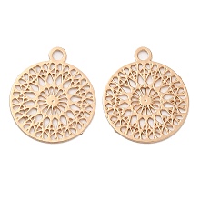 Honeyhandy Long-Lasting Plated Brass Filigree Charms, Flat Round Charm, Light Gold, 14x12.5x0.3mm, Hole: 1.2mm