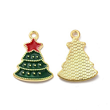 Alloy Enamel Pendants, Christmas Tree Charm, Light Gold, Green, 22.5x16.5x1.5mm, Hole: 1.8mm