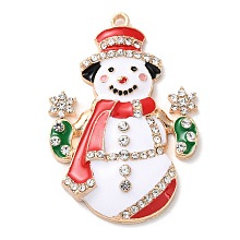 Honeyhandy Christmas Zinc Alloy Rhinestone Pendnats, with Enamel, Light Gold, Snowman, 43x29.5x6.5mm, Hole: 2mm