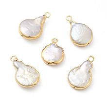 Honeyhandy Baroque Natural Keshi Pearl Pendants, Teardrop Charms, with Brass Loops, Light Gold, 17~21x12~13x4~5mm, Hole: 1.6~1.8mm