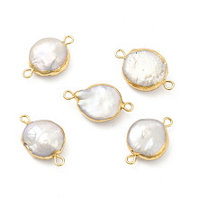 Honeyhandy Baroque Natural Keshi Pearl Connector Charms, Flat Round Links, with Brass Double Loops, Light Gold, 21~23x13~15x5~7mm, Hole: 1.8mm