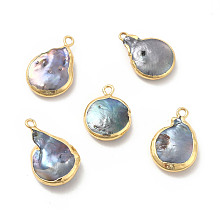 Honeyhandy Baroque Natural Keshi Pearl Pendants, Teardrop Charms, with Brass Loops, Blue, Light Gold, 17~22x13~14x4~5mm, Hole: 1.6~1.8mm