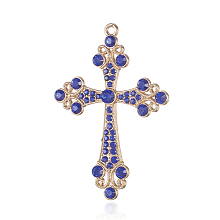 Honeyhandy Alloy Rhinestone Big Pendants, Latin Cross Clenchee, Light Gold, Sapphire, 73x51x5mm, Hole: 3mm