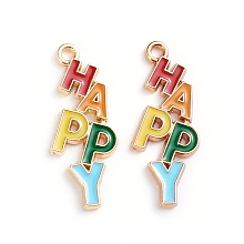 Honeyhandy Alloy Enamel Pendants, with Word HAPPY, Light Gold, Colorful, 29x11.2x1.8mm, Hole: 1.6mm