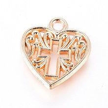 Honeyhandy Alloy Pendants, Crosslet Heart Pendants, Heart with Cross, Light Gold, 16x14x2mm, Hole: 1.8mm