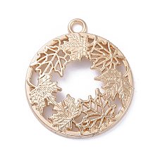 Honeyhandy Autumn Theme Zinc Alloy Open Back Bezel Pendants, For DIY UV Resin, Epoxy Resin, Pressed Flower Jewelry, Flat Round with Maple Leaf, Light Gold, 34x30x3mm, Hole: 2.5mm