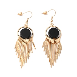 Honeyhandy Resin Flat Round with Tassel Dangle Earrings, Light Gold Alloy Long Drop Earrings for Women, Black, 78mm, Pin: 0.8mm