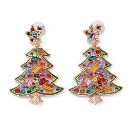 Christmas Tree Alloy Colorful Rhinestone Dangle Stud Earrings for Women, Light Gold, 59x36mm