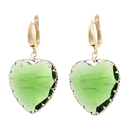 Glass Heart Dangle Hoop Earrings, Light Gold Brass Earrings, Lime, 50x27.5mm