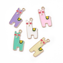 Honeyhandy Alloy Enamel Pendants, Light Gold, Alpaca Charm, Light Gold, Mixed Color, 27.5x13x1mm, Hole: 1.8mm