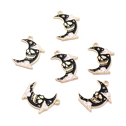 Honeyhandy Alloy Enamel Pendants, Gothic Theme, Moon with Skull, Black, 26x20x1.5mm, Hole: 2mm