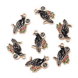 Honeyhandy Alloy Enamel Pendants, Gothic Theme, Crow with Rose & Moon, Black, 26x17x1mm, Hole: 1.8mm