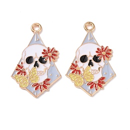 Honeyhandy Halloween Alloy Enamel Pendants, Light Gold, Rhombus with Skull & Flower & Butterfly, White, 30x19x1mm, Hole: 2mm