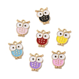 Honeyhandy Rack Plating Alloy Enamel Pendants, Cadmium Free & Lead Free, Light Gold, Owl Charm, Mixed Color, 16x11.5x1.5mm, Hole: 1.6mm