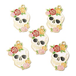 Honeyhandy Halloween Alloy Pendants, with Enamel, Light Gold, Skull with Rose Charm, Orange, 29.5x20x1mm, Hole: 1.8mm