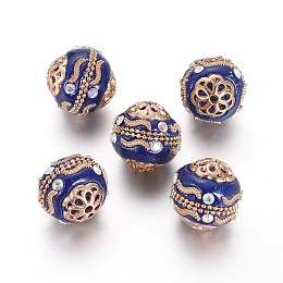 Honeyhandy Handmade Indonesia Beads, with Rhinestone, Polymer Clay and Alloy Findings and Brass Chains, Round, Light Gold, Dark Blue, 18~19mm, Hole: 2mm