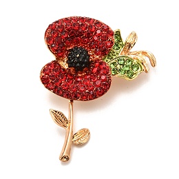 Honeyhandy Alloy Brooches, with Rhinestone, Remembrance Poppy Flower Badge, Light Gold, 53x40.5x13.5mm, Pin: 0.6mm