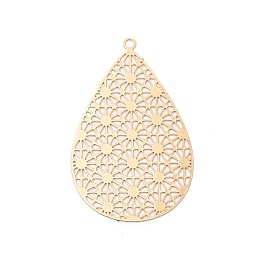 Honeyhandy Rack Plating Brass Filigree Pendants, Long-Lasting Plated, Teardrop Charms, Light Gold, 35x22x0.3mm, Hole: 1.4mm