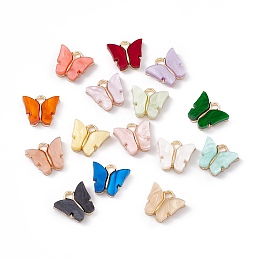 Honeyhandy Acrylic Charms, with Light Gold Tone Alloy Finding, Butterfly Charm, Mixed Color, 13x14x3mm, Hole: 2mm