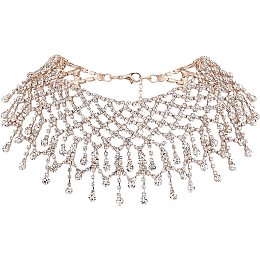 FINGERINSPIRE Rhinestones Tassel Wide Choker Light Gold Full Crystal Tassel Necklaces Crystal Rhinestone Bib Necklace Luxury Fringe Necklace for Wedding Party Jewelry Accessories for Women and Girls