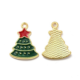 Alloy Enamel Pendants, Christmas Tree Charm, Light Gold, Green, 22.5x16.5x1.5mm, Hole: 1.8mm