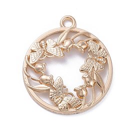 Honeyhandy Zinc Alloy Open Back Bezel Pendants, For DIY UV Resin, Epoxy Resin, Pressed Flower Jewelry, Flat Round with Butterfly, Light Gold, 34x30x4mm, Hole: 3mm