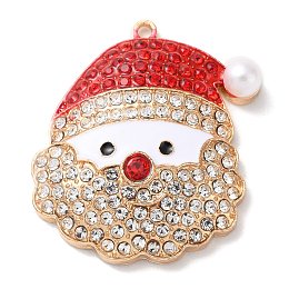 Honeyhandy Christmas Zinc Alloy Rhinestone Pendnats, with Enamel and Plastic Pearl, Santa Claus, 38x35x8mm, Hole: 2mm