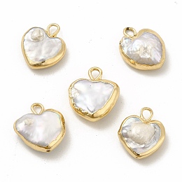 Honeyhandy Baroque Natural Keshi Pearl Pendants, Heart Charms, with Brass Loops, Light Gold, 13~15x11~12x3~5mm, Hole: 1.8mm