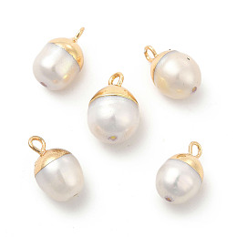 Honeyhandy Natural Pearl Pendants, Oval Charms, with Brass Loops, White, Light Gold, 13~16x8~10x8~10mm, Hole: 1.8mm