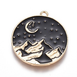 Honeyhandy Alloy Pendants, with Enamel, Flat Round with Mountain, Light Gold, Black, 26x24x1.5mm, Hole: 1.8mm