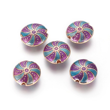 Alloy Enamel Beads, Flat Round, Light Gold, Purple, 13.5~14x5.3mm, Hole: 1.4mm
