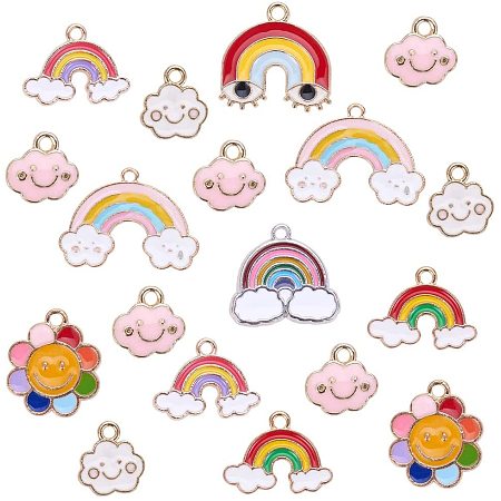 PH PandaHall 44pcs 8 Styles Assorted Enamel Charms, Gold Plated Rainbow Flower Clouds Enamel Charms Pendant DIY for Necklace Bracelet Jewelry Making and Crafting