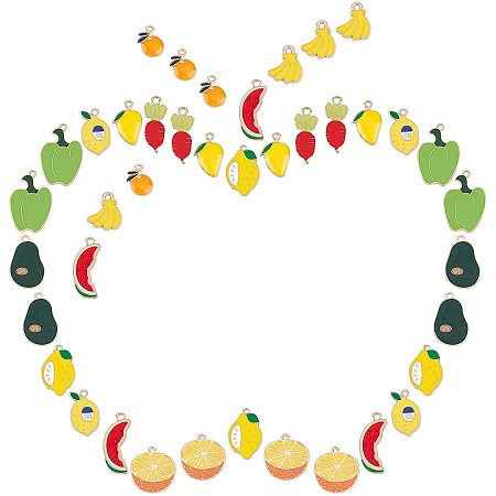 SUNNYCLUE 1 Box 40Pcs Fruit Charm Alloy Vegetable Pendants Enamel Orange Banana Watermelon Mango Green Pepper Lemon Charms for DIY Jewelry Making Bracelets Earrings Crafts Supplies