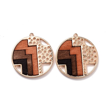 Honeyhandy Alloy Pendants, with Dyed Wood, Flat Round with Geometric Pattern, Light Gold, 38x35x2.5mm, Hole: 1.8mm