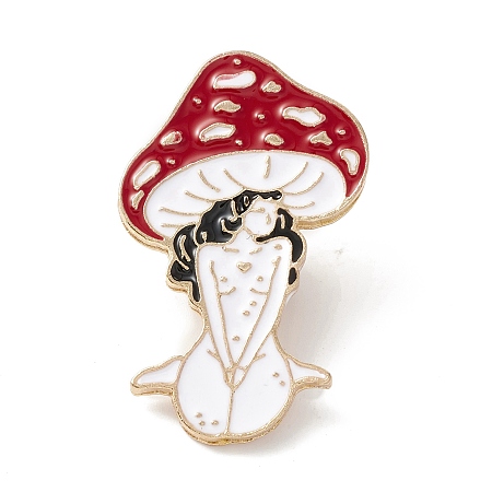 Honeyhandy Mushroom Girl Enamel Pin, Cartoon Alloy Brooch for Backpack Clothes, Light Gold, Red, 38x23x2mm, Pin: 1mm