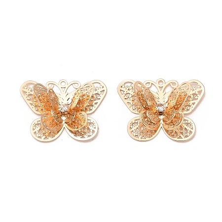 Brass Pendants, with Rhinestone, Butterfly Charm, Light Gold, 21.5x28x6mm, Hole: 1.4mm