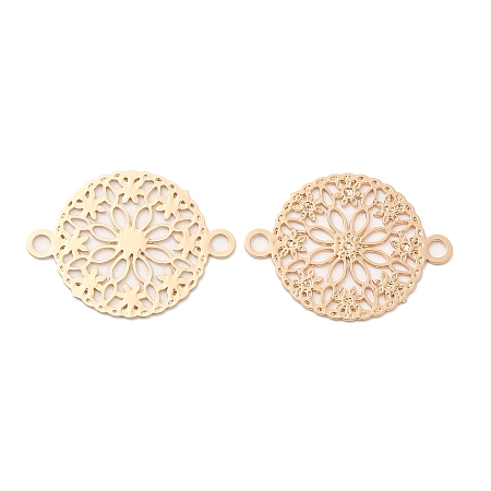 Honeyhandy Long-Lasting Plated Brass Connector Charms, Hollow Flat Round Links with Flower, Light Gold, 12x15x0.3mm, Hole: 1.4mm