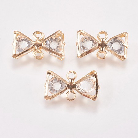Honeyhandy Iron Links connectors, with Glass Rhinestone, Bowknot, Crystal, Light Gold, 12.5x22.5x7mm, Hole: 2mm